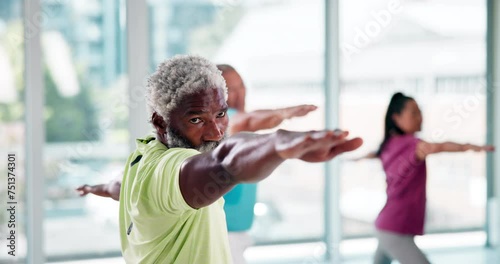 Fitness, class and senior people stretching for exercise, training and cardio workout in gym. Sports, retirement and elderly men and women with equipment for wellness, healthy body and yoga club photo