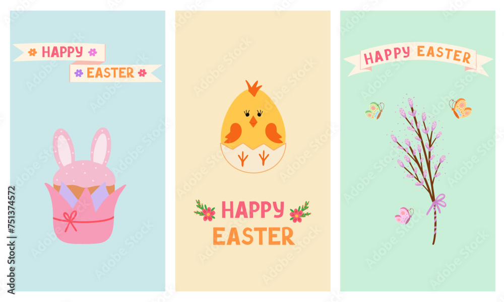 Fototapeta premium Happy Easter cards, chick in shell, cake with bunny ears, willow branch. Vector Illustration for backgrounds and packaging. Image can be used for card, poster, sticker. Isolated on white background.