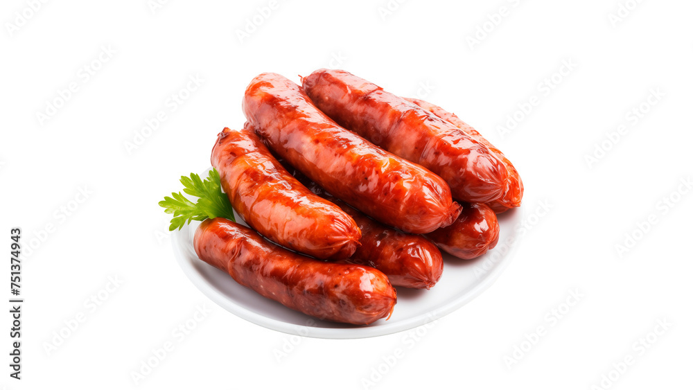 Grilled sausage on plate cut out. Isolated sausage on transparent background