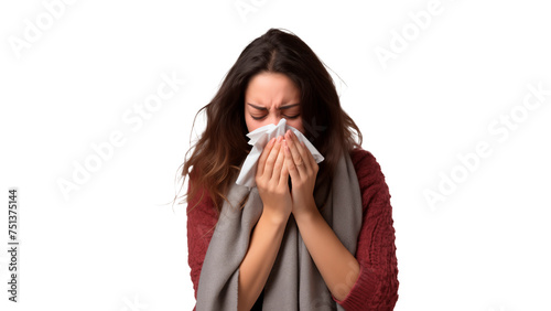 Realistic photo of woman blowing nose and sneezing cut out photo