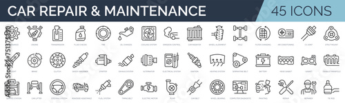 Set of 45 outline icons related to vehicle repair and maintenance. Linear icon collection. Editable stroke. Vector illustration photo