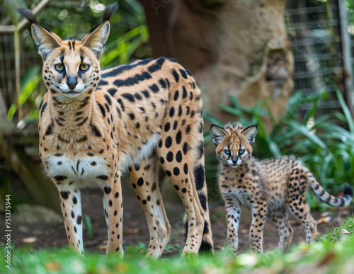 A serval mother and her kitten gaze attentively in their habitat.