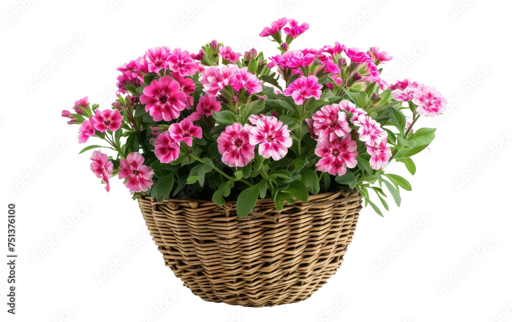 Scalloped Rattan Pot Holding Sweet William isolated on transparent Background