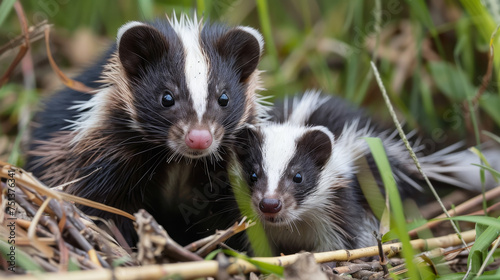 A skunk mother with her young one, resting in a grassy habitat.