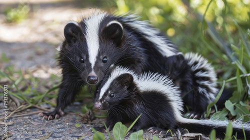 Skunk mother with her baby carefully exploring wild nature.