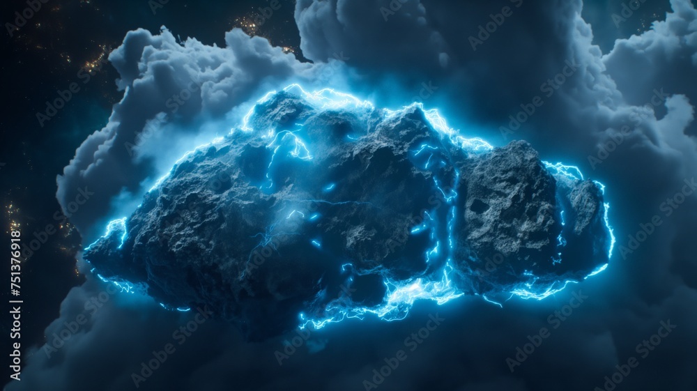Ethereal Glowing Asteroid Floating in Dark Space with Clouds and Stars
