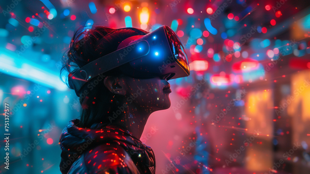 VR glasses. Young woman reaches out while immersed in a dynamic and interactive virtual reality experience, surrounded by glowing lights. Suggesting futuristic technology VR glasses. Young woman reaches out while immersed in a dynamic and interactive virtual reality experience, surrounded by glowing lights. Suggesting futuristic technology