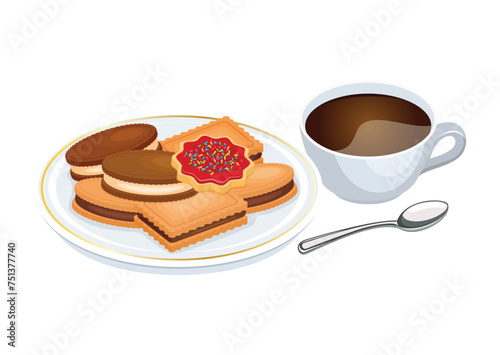 Biscuit and cup of coffee vector illustration. Cup of coffee and cookies on a plate icon set vector isolated on a white background. Delicious tea cakes icon. Different types of biscuits vector