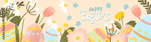 Happy Easter for holiday header, in a hand-drawn style in a trendy design. With funny bunnies, Easter eggs, little yellow clings and spring flowers.