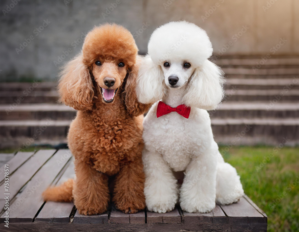 A sweet and charming photo of two adorable poodles, a red and a white, sitting next to each other, gazing at the camera with a look of affection 