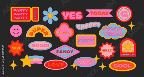 Set retro stickers in 90s groovy style. Various patches, labels, tags, stickers, stamps. Yes, no, hello, new, go. Vector set, trendy promo labels
