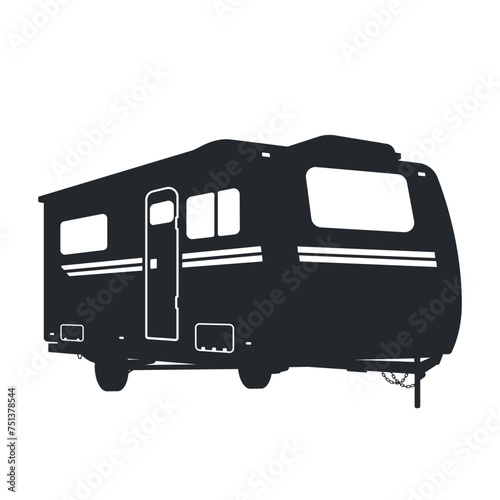 Camping trailer silhouette. Isolated black drawing of travel truck. Touristic mobile house. Outdoor family wagon icon. Holiday transport