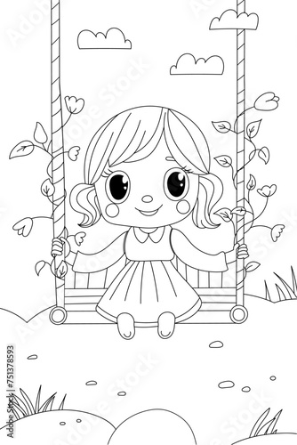 Coloring Page For Children'S Creativity Features Girl On Swing In Coloring Book