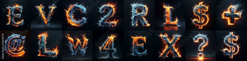 Fototapeta premium Lettering Typeface That Blends water and fire. AI generated illustration
