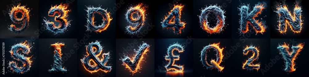 Naklejka premium Lettering Typeface That Blends water and fire. AI generated illustration