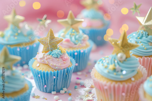 Cute princess themed cupcakes for a little girl decorated with sugar stars. Generative AI © barmaleeva
