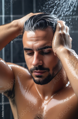 Man standing at the shower. Guy washes himself and does a self-massage of his head. Men's self care.