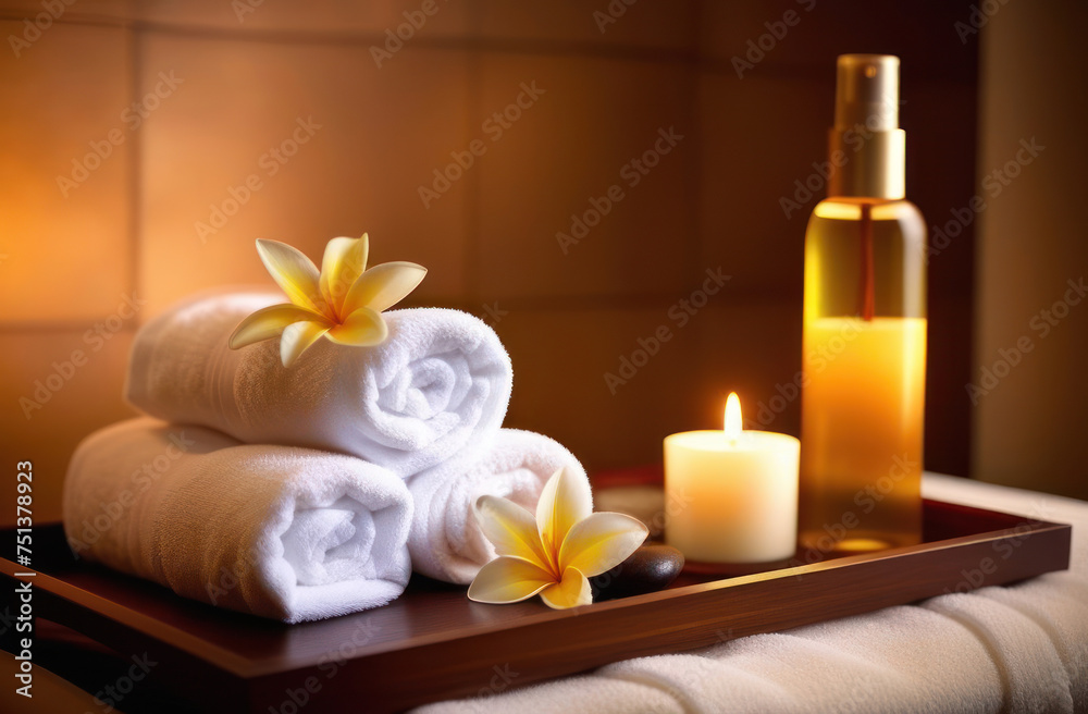 Spa still life with aromatic candles, essential oil, flowers and towels in a spa beauty salon.