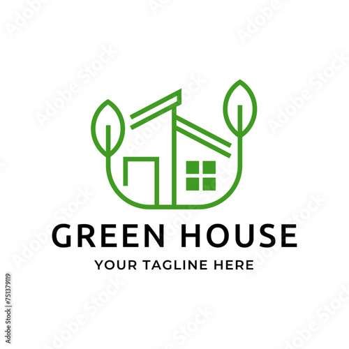 Green house logo design vector illustration. eco green home farm plant cultivation logo design