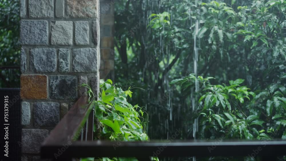 Experience serene ambiance of tropical rain from cozy balcony. Witness lush greenery of mango trees drenched in nature's shower, capturing essence of wet paradise. Off-season tourism concept