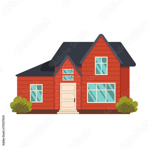 Residential building with green bushes. Summer or spring season. Vector graphic.