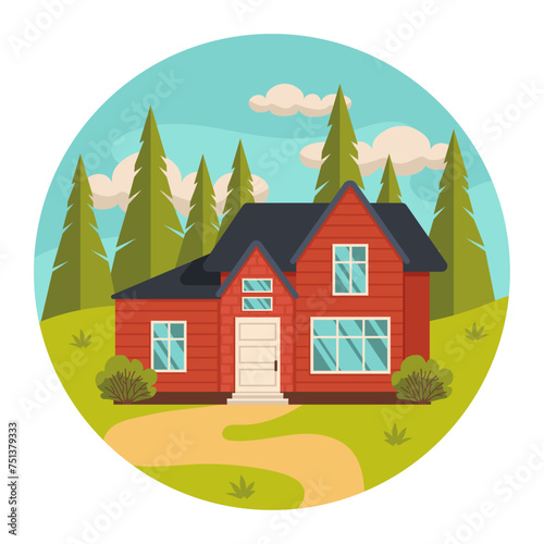 Residential house in the forest. Sky and trees in the background. Summer or spring season. Vector graphic.