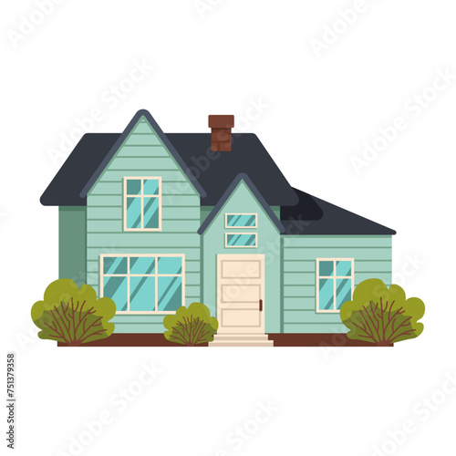Residential building with green bushes. Summer or spring season. Vector graphic.