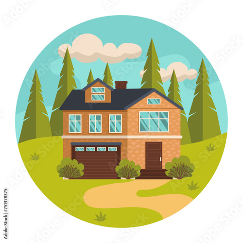 Residential house in the forest. Sky and trees in the background. Summer or spring season. Vector graphic.