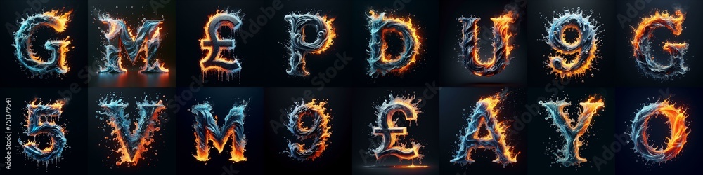Fototapeta premium Lettering Typeface That Blends water and fire. AI generated illustration