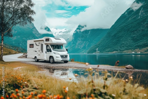 Vacation with Caravan car. Family travel RV, holiday trip in motorhome with beautiful nature landscape © LivroomStudio
