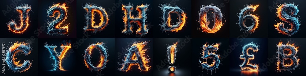 Fototapeta premium Lettering Typeface That Blends water and fire. AI generated illustration