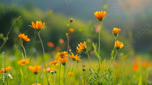 A beautiful field of yellow flowers in full bloom. The flowers are delicate and graceful, and they sway gently in the breeze. photo