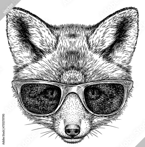 Vintage engraving isolated fox glasses dressed fashion set illustration ink sketch. Wild animal background foxy animal silhouette sunglasses hipster hat art. Black and white hand drawn vector image