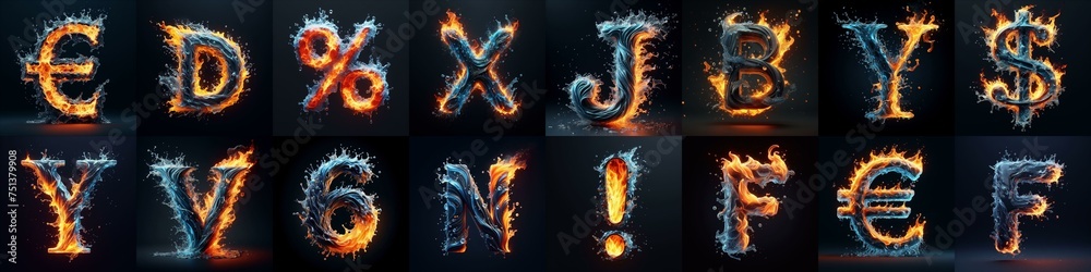 Fototapeta premium Lettering Typeface That Blends water and fire. AI generated illustration