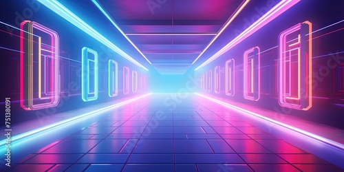 A brightly lit, neon corridor in stretching towards a bright light at the end