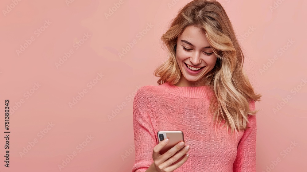 A young woman smiling at her phone, wearing a pink sweater with a pink background. Young woman enjoys social media on phone. Smiling female engaged in mobile entertainment.