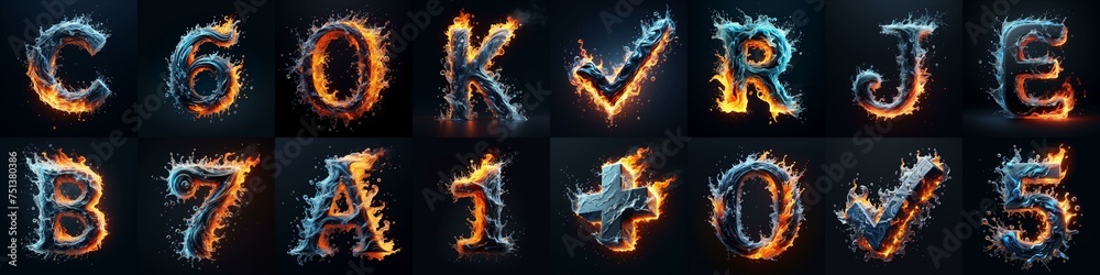 Fototapeta premium Lettering Typeface That Blends water and fire. AI generated illustration