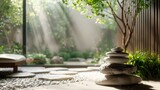 Zen garden with stacked stones for mindfulness meditation practice. Sunlight streaming through trees in tranquil garden setting. Peaceful rock balancing art in serene zen landscape.