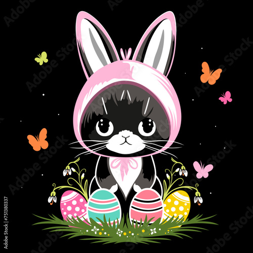 Ostern Katze  mit Ostereier im Hasenkostüm. Osterkatze mit bunten Eiern, Schneeglöckchen und Schmetterlingen im Frühling. 