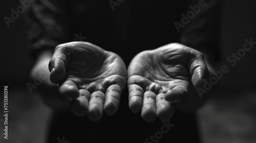 Outstretched hands in a plea or offering on a black background. Black and white image of a person's cupped hands in a giving gesture.