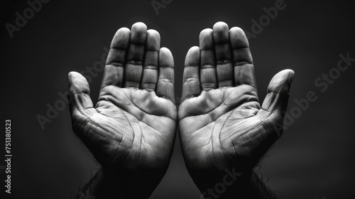 Black and white Muslim prayer open two empty hands with palms up on dark room background. Open palms facing up in black and white photography. Human hands open in a gesture of receiving or giving.
