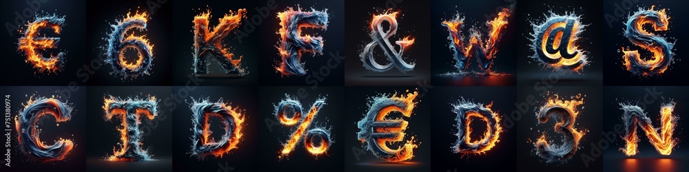 Naklejka premium Lettering Typeface That Blends water and fire. AI generated illustration