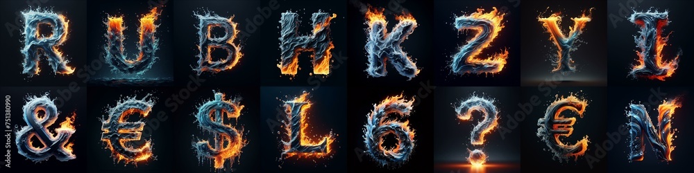 Naklejka premium Lettering Typeface That Blends water and fire. AI generated illustration