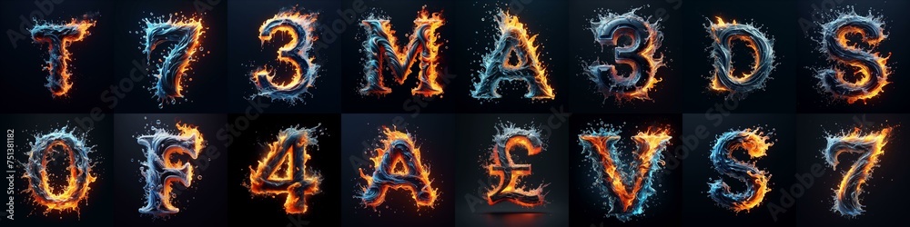 Fototapeta premium Lettering Typeface That Blends water and fire. AI generated illustration