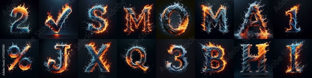 Fototapeta premium Lettering Typeface That Blends water and fire. AI generated illustration