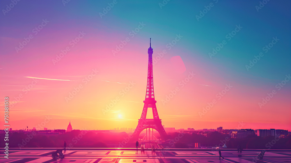 Minimalist Elegance: Artful Depiction of the Eiffel Tower in Painterly Style, Symbolizing Olympic Excellence - obrazy, fototapety, plakaty 