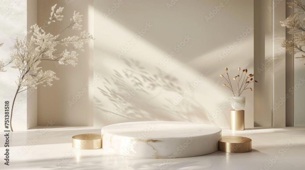 white marble Podium stand studio room luxury gold color background 3d pedestal platform background. Premium golden light scene luxurious style floor stage modern mockup base. vase tree leaf shadow