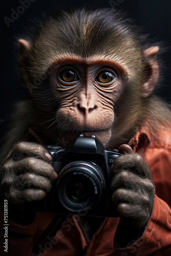 Monkey photographer holding photo camera. Ai Generative