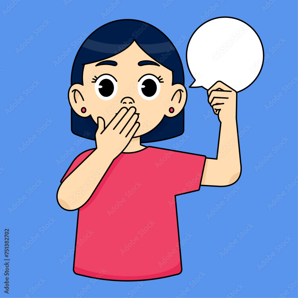 Surprised girl covers her mouth with her hand, the other hand holds an empty white cloud Surprised girl covers her mouth with her hand, the other hand holds an empty white cloud
