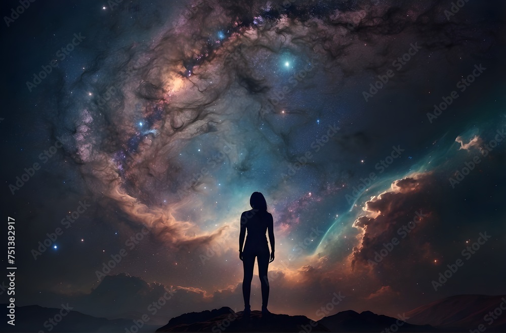 Stargazing Solitude: A Lone Silhouette Against the Majestic Backdrop of a Starlit Sky and the Ethereal Beauty of the Milky Way, generative AI